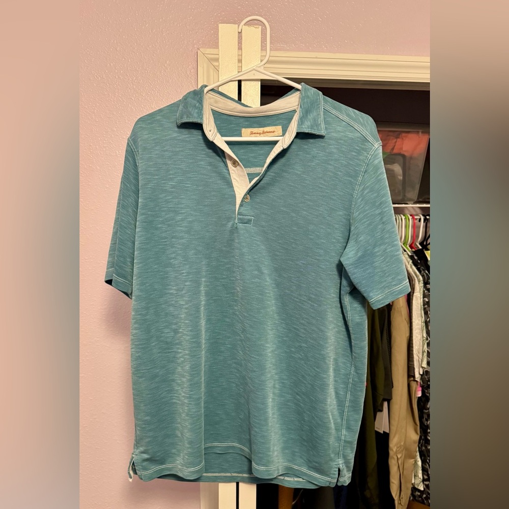 Tommy Bahama Men’s Polo Shirt Medium Blue Green Short Sleeve Contrast Collar